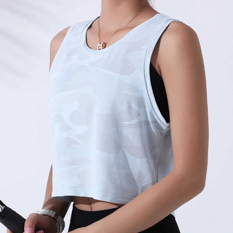 Women’s Camouflage Mesh Fitness Crop Top – Sleeveless Gym Vest