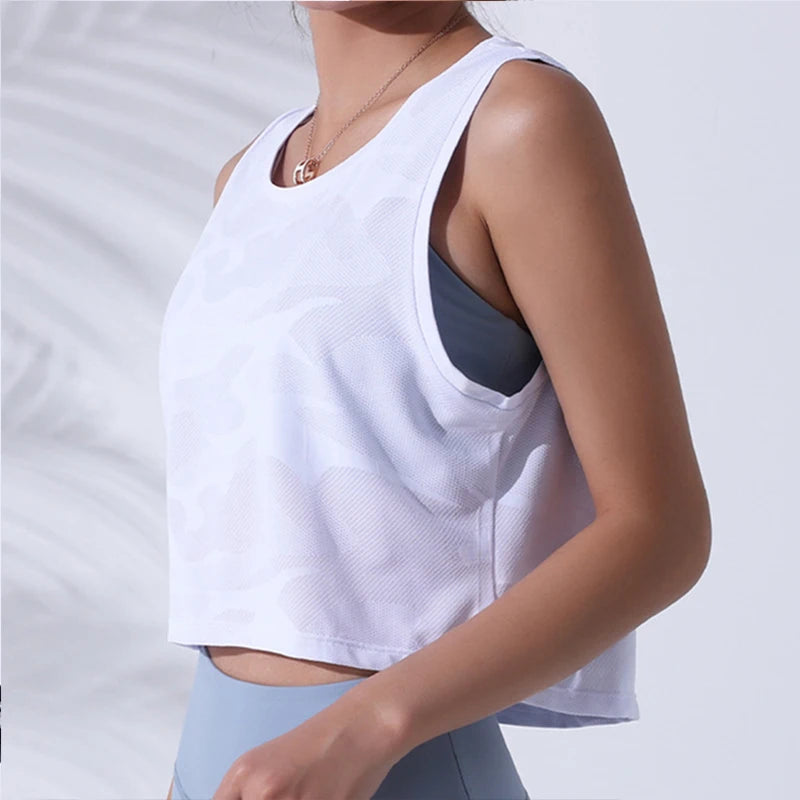 Women’s Camouflage Mesh Fitness Crop Top – Sleeveless Gym Vest