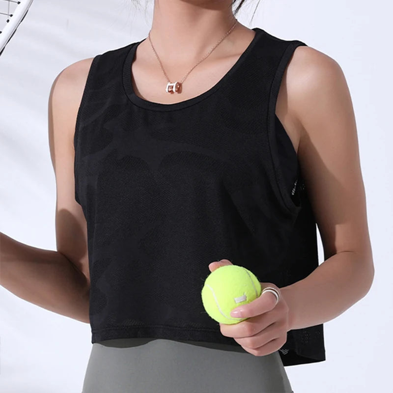 Women’s Camouflage Mesh Fitness Crop Top – Sleeveless Gym Vest
