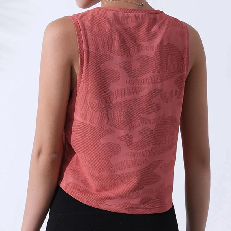 Women’s Camouflage Mesh Fitness Crop Top – Sleeveless Gym Vest