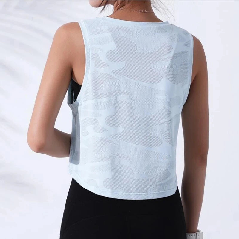 Women’s Camouflage Mesh Fitness Crop Top – Sleeveless Gym Vest