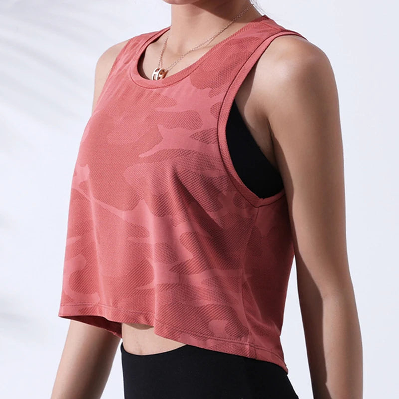 Women’s Camouflage Mesh Fitness Crop Top – Sleeveless Gym Vest