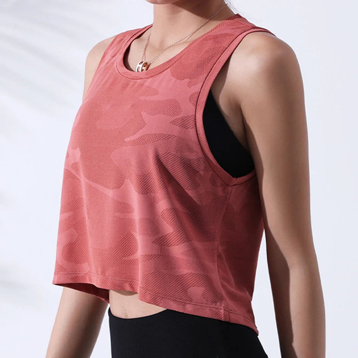Women’s Camouflage Mesh Fitness Crop Top – Sleeveless Gym Vest