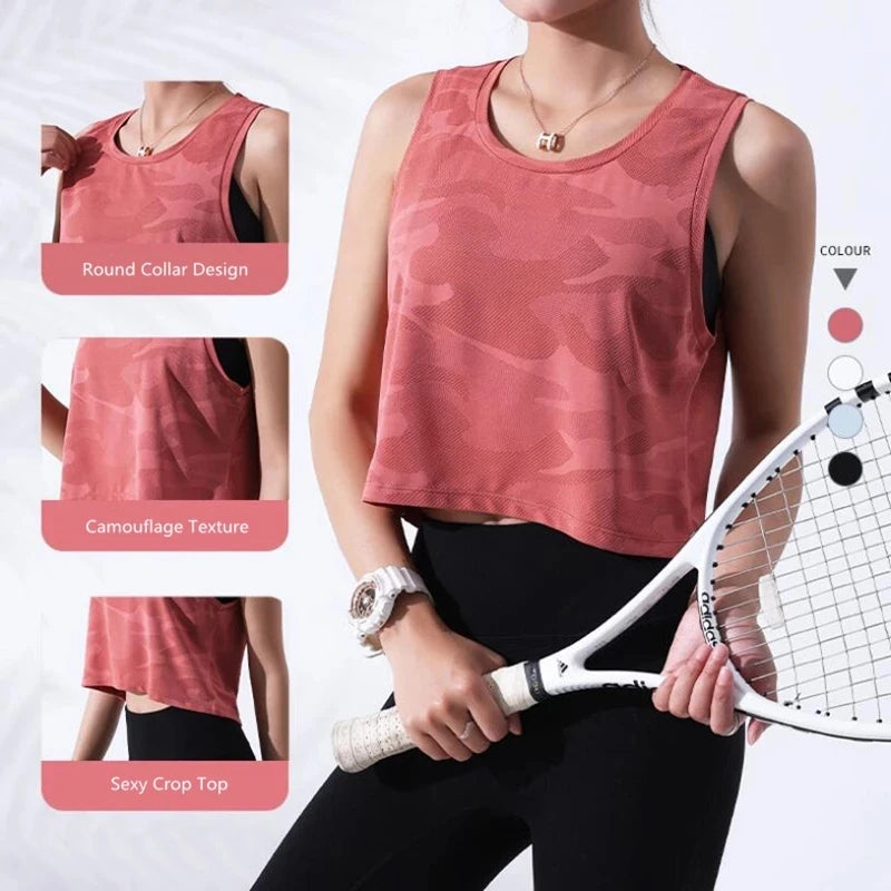 Women’s Camouflage Mesh Fitness Crop Top – Sleeveless Gym Vest
