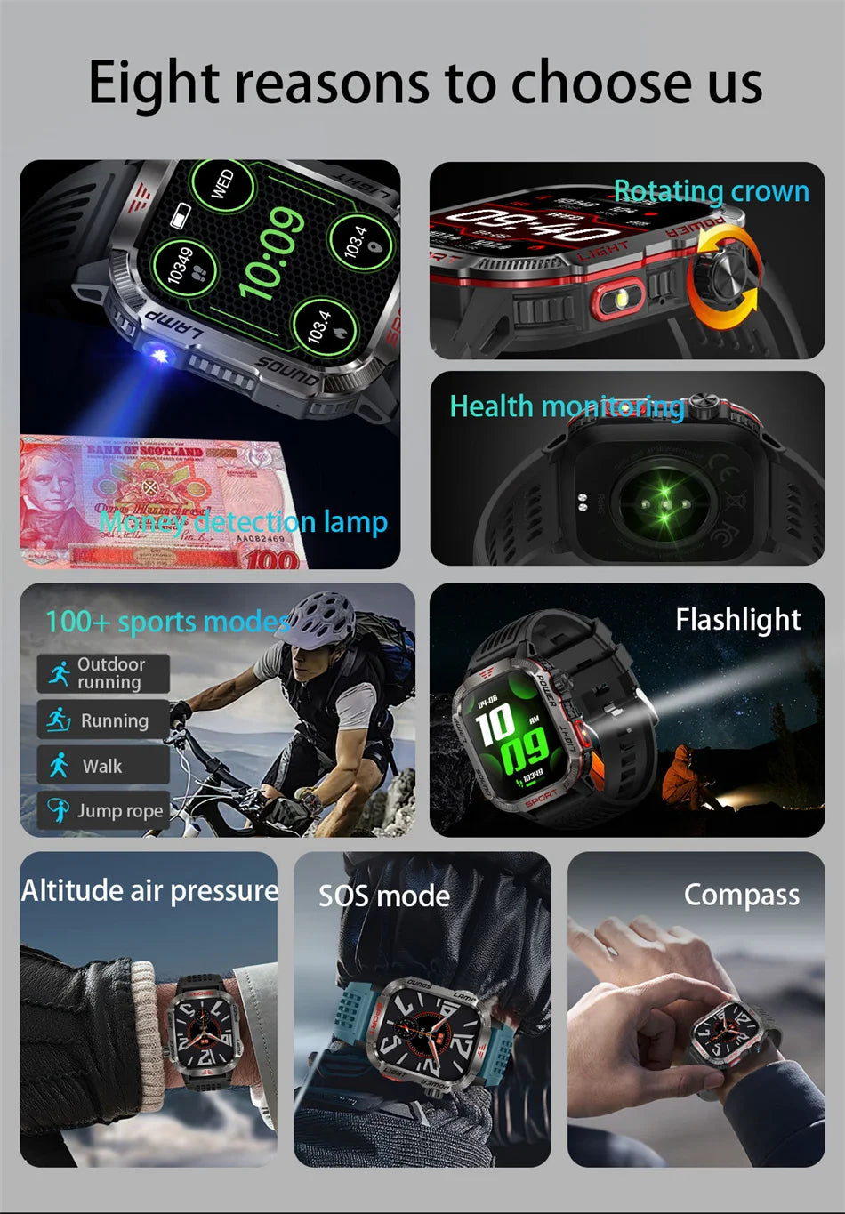 Military Outdoor Smartwatch – Compass & Bluetooth Call