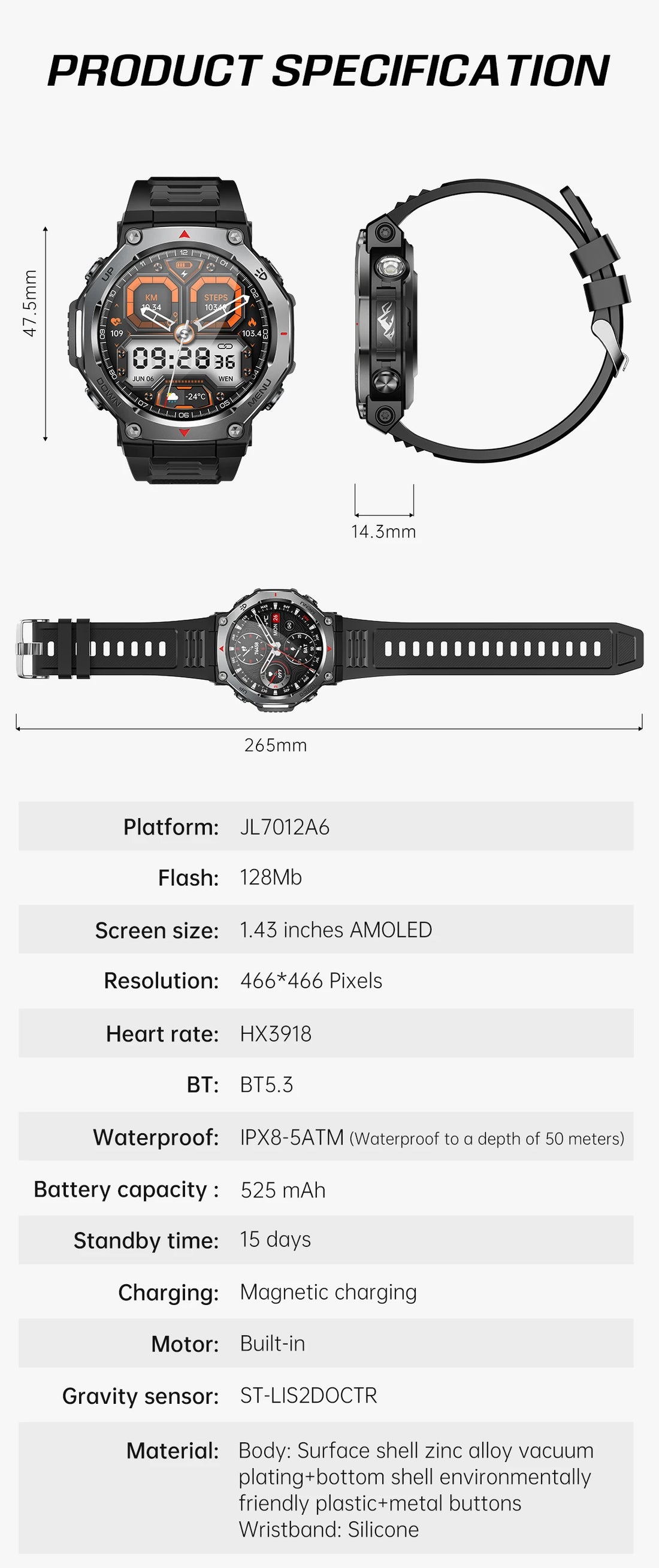 T-Rex 3 GPS Smartwatch – 5ATM Waterproof Military Sport