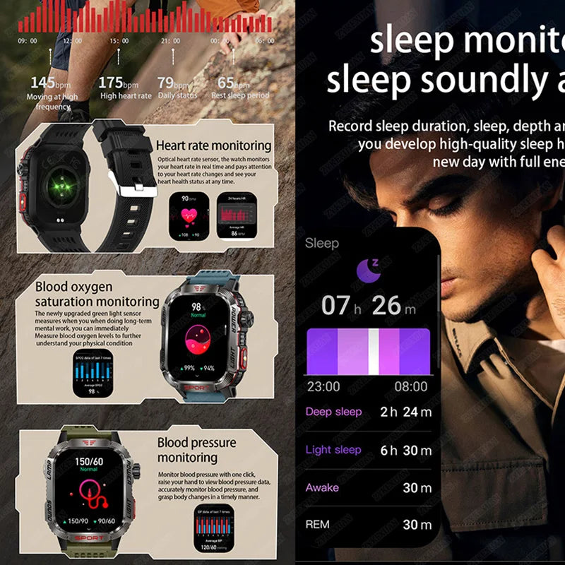 Military Outdoor Smartwatch – Compass & Bluetooth Call