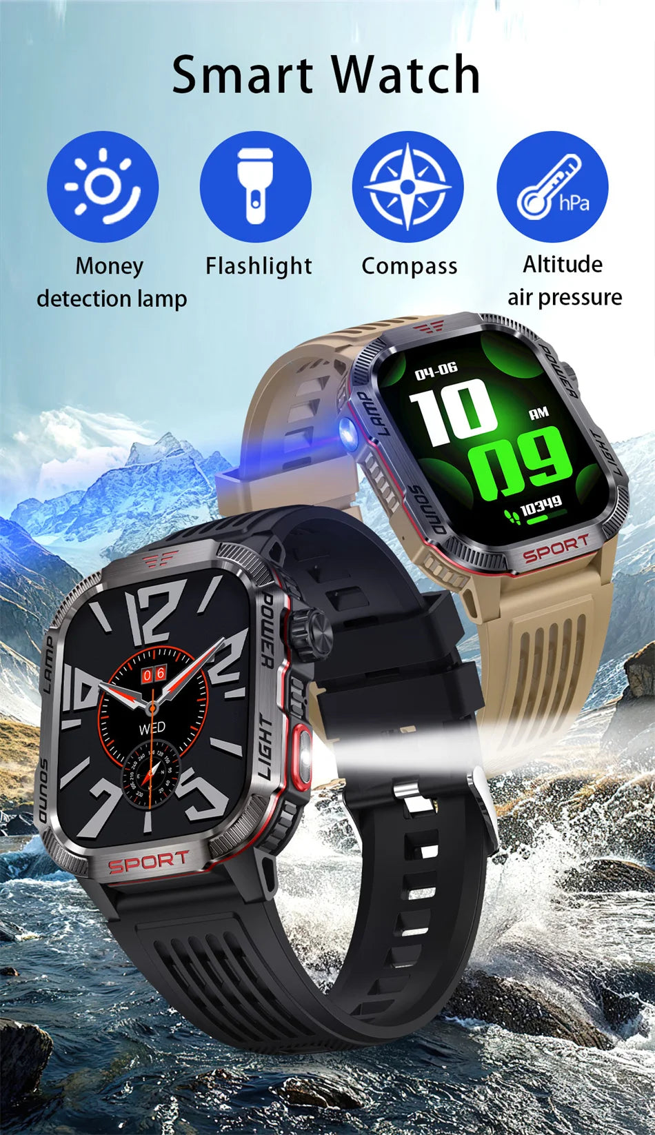 Military Outdoor Smartwatch – Compass & Bluetooth Call